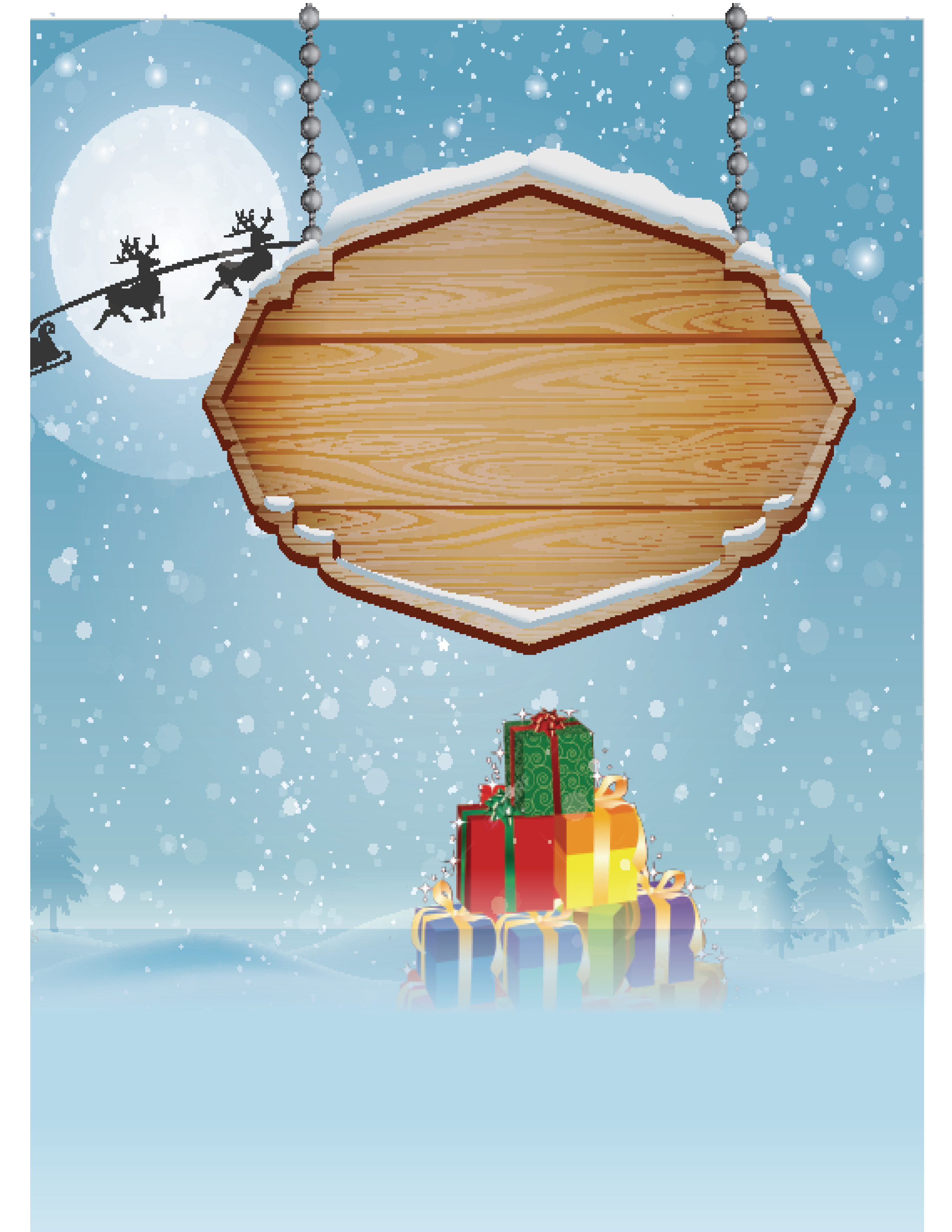 Winter night scene with a moon, Santa's sleigh crossing, snowfall, evergreen trees, a hanging wooden sign and a pile of wrapped gifts on the snow.