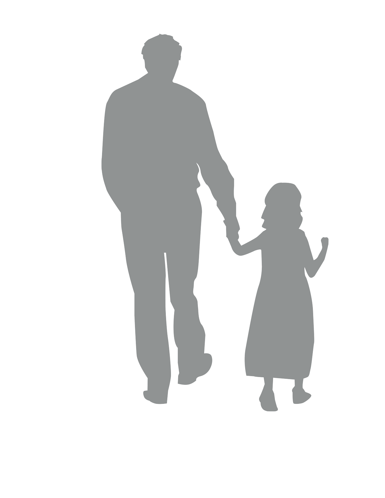 Silhouette of a father and young daughter holding hands, walking toward a pile of Christmas gifts.